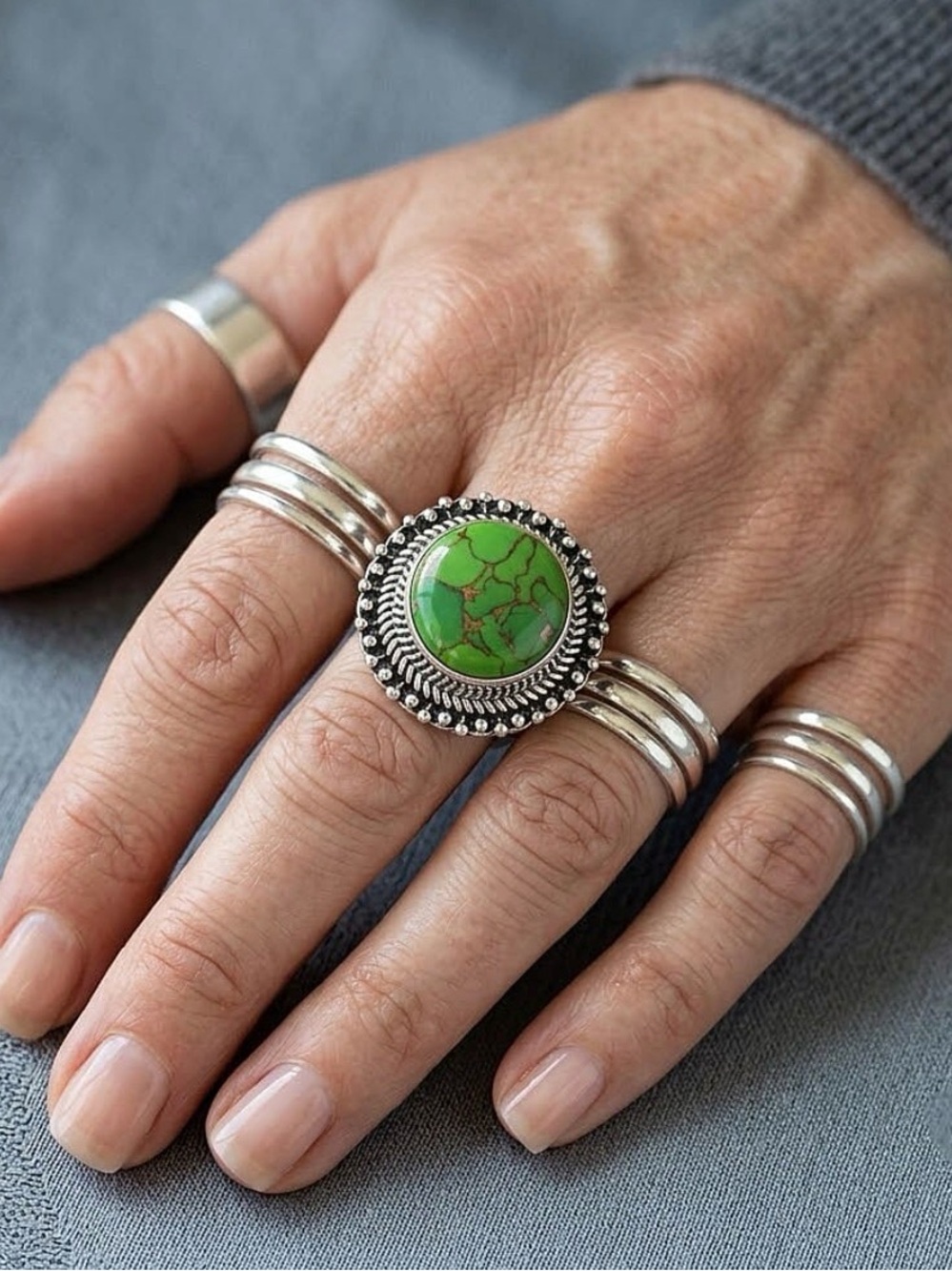 Southwest Sterling Silver Statement Ring with Mojave Green Turquoise Cabochon